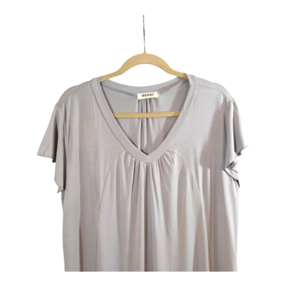 Bepei Gathered V-neck Longline Jersey Knit Cap Sleeve T-shirt Casual Women's XXL - Picture 3 of 6